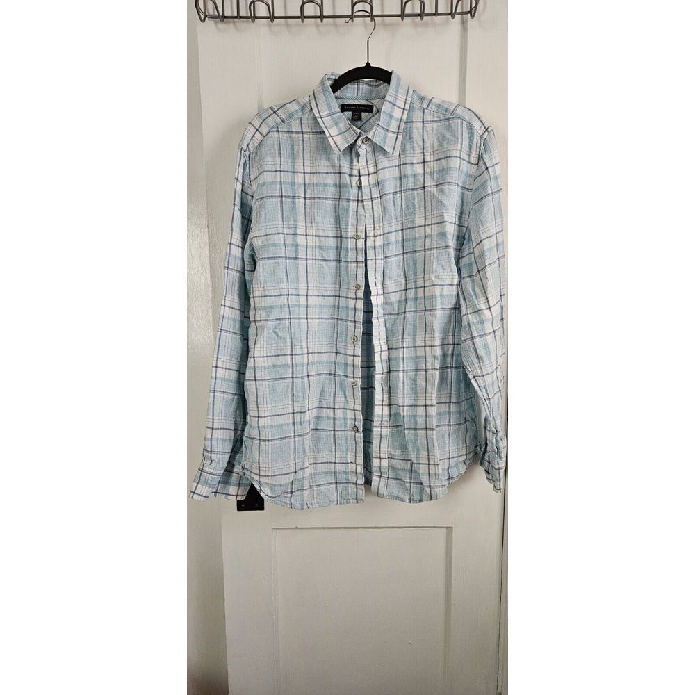 Banana Republic 100%Linen Shirt Mens Large Blue plaid Long-Sleeve Button Up